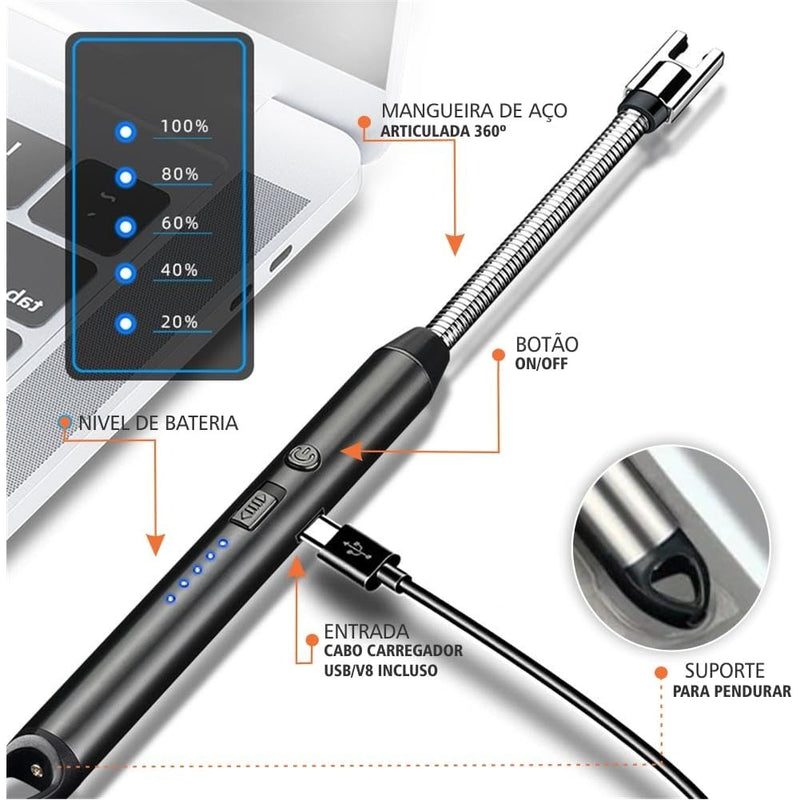 ISQUEIRO ACENDEDOR ELÉTRICO DE FOGÃO COZINHA VELAS CARVAO RECARREGAVEL USB COR